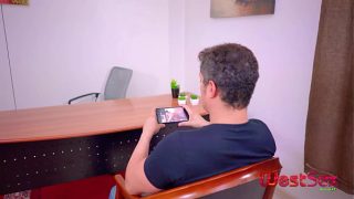 The guy was caught watching porn during the job interview, but the woman gets horny and has hot sex with the lucky guy – Rafella and Erick Fire